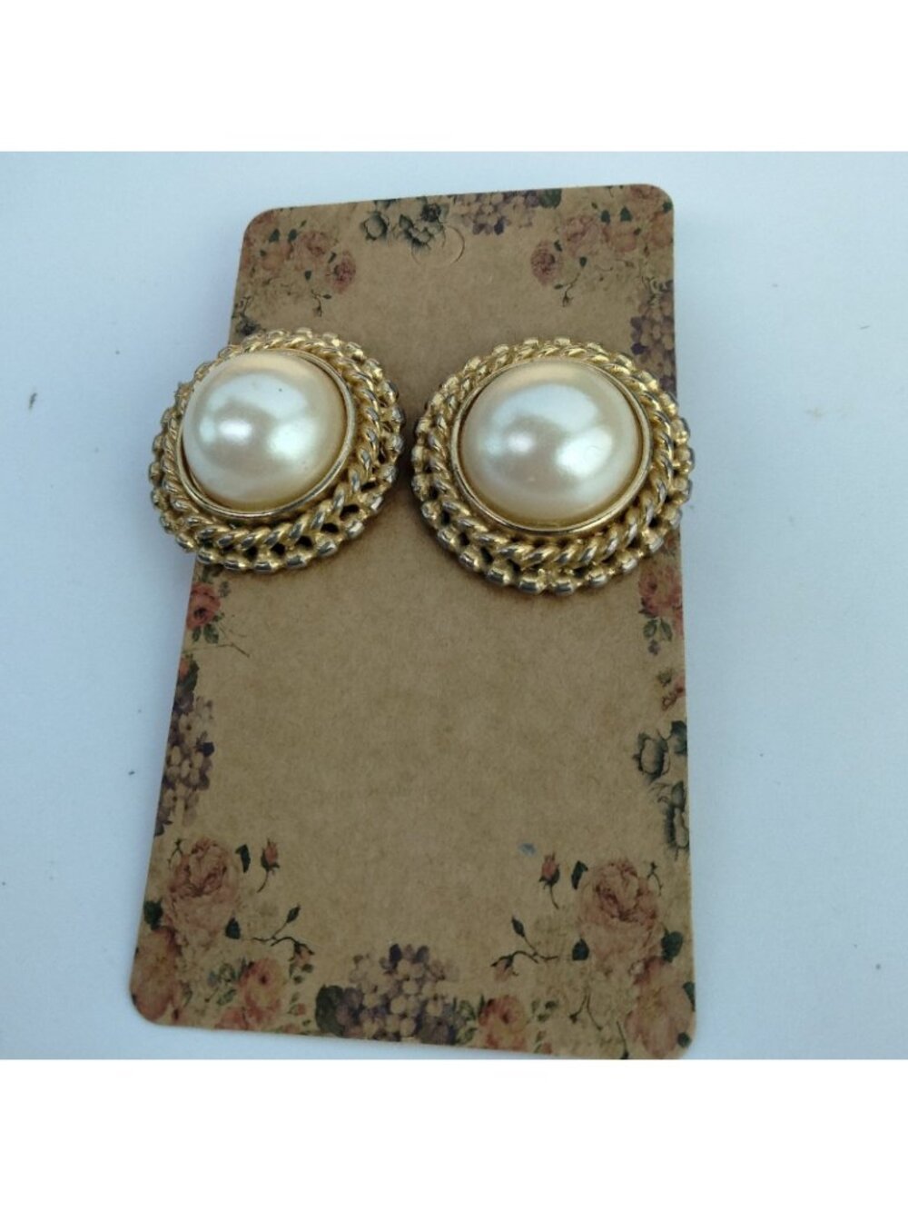 Gold Tone Faux Pearl Earrings Vintage Cabochon Pierced Post - Picture 2 of 4